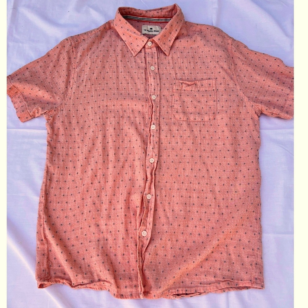 The Normal Brand Button Up Mens Large Coral Pink Excellent Short Sleeve Print